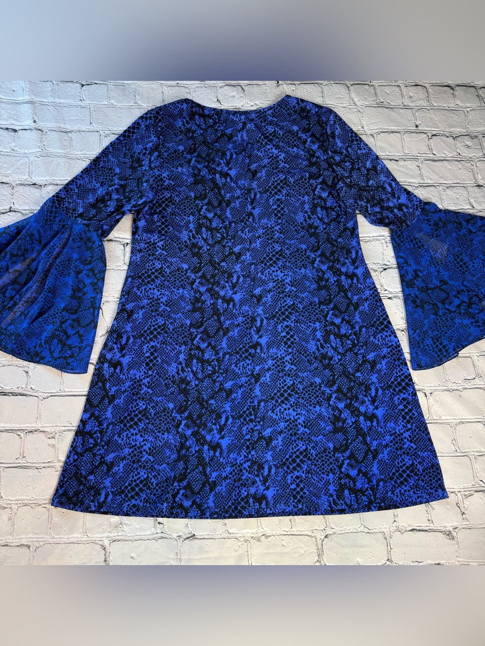 Vtg 90s Y2K J.B.S. Blue Snake Print Shift Dress Long Sheer Bell Sleeves Size XL - Picture 3 of 9